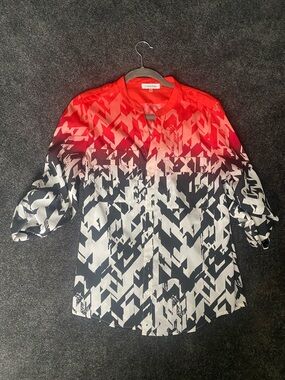 Calvin Klein Red, Black and White Geometric Ombre Button-Down Top